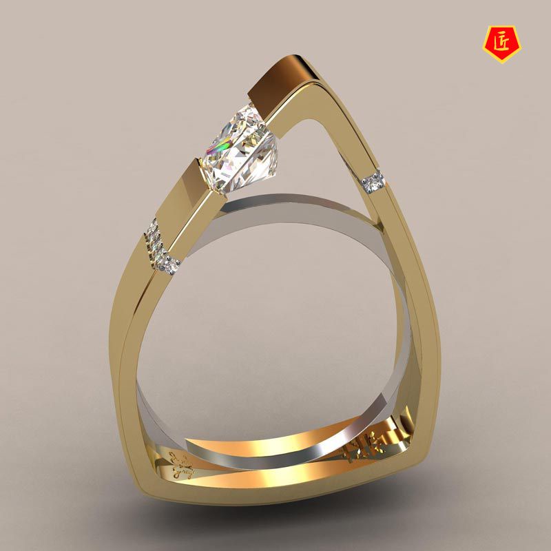 [Ready Stock]Creative Geometric Triangle Diamond-Studded Ring 18K Gold Color Separation