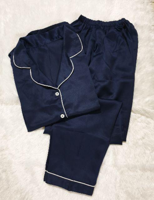Baju Tidur Piyama Pajamas Wanita/Cewek Satin Silky Velvet Cantik Simple Wanita Dewasa Full Kancing-CP JUMBO NAVY