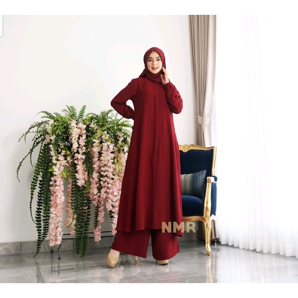Fashion Wanita Muslim NMR by Namira Tunik Crinkle Stelan Tunik Celana Rayon Crinkle Vol 1255 Warna Maroon