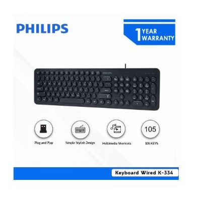 Keyboard philips wired usb 2.0 membrane 105 keys fullsize multimedia for office gaming pc laptop k-344 k334