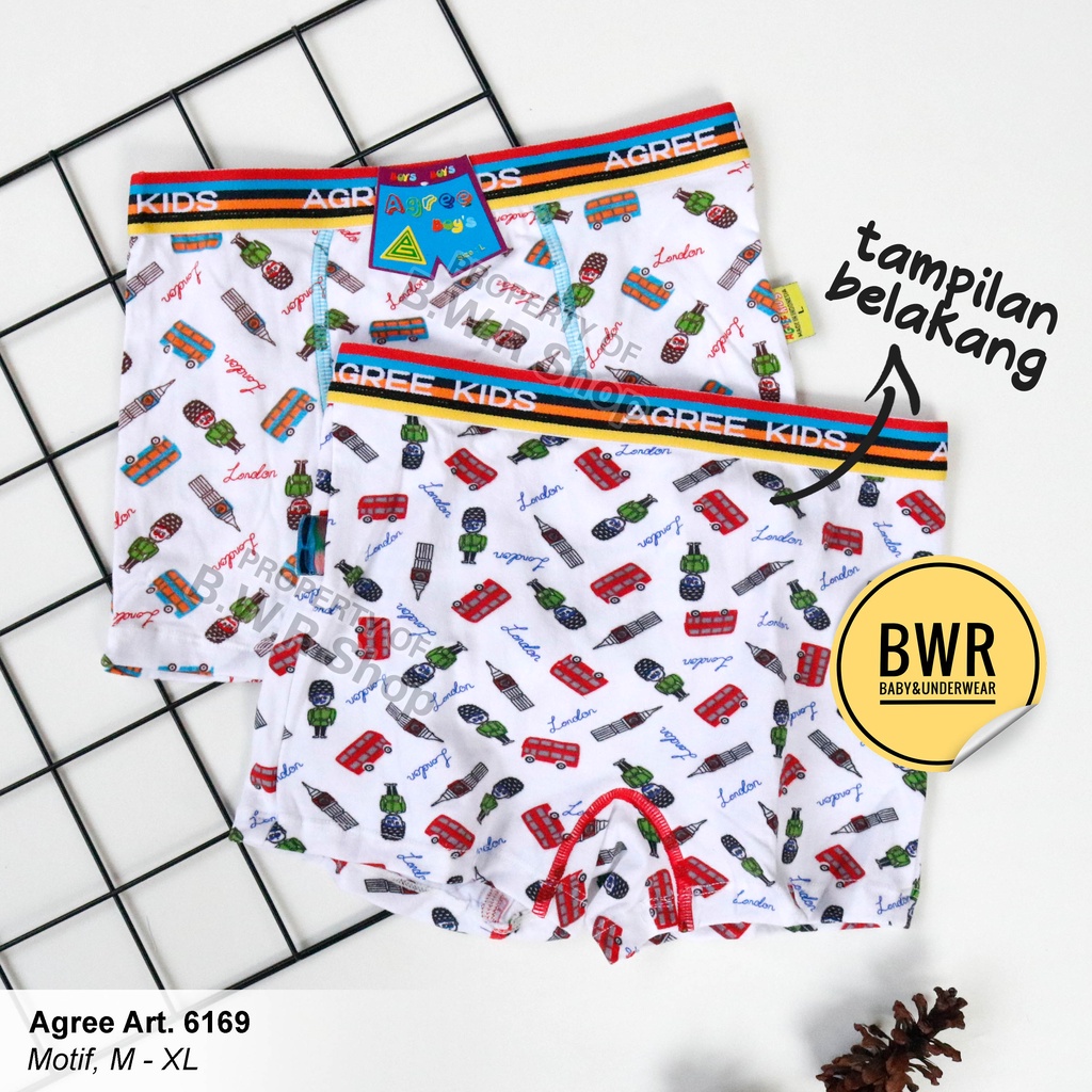 CD Boxer Agree Kids 6169 Putih Motif / Celana Renang Anak Boxer Karet Tebal Salur | Bwr