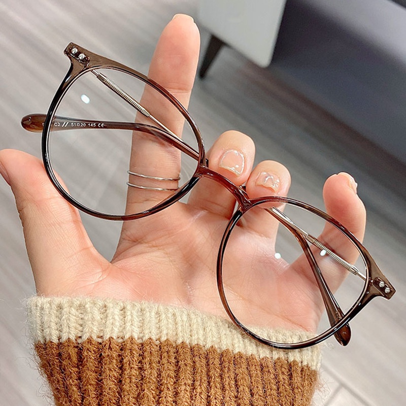Kacamata Anti Blue Light Bingkai Bulat Warna Coklat Gaya Retro Korea