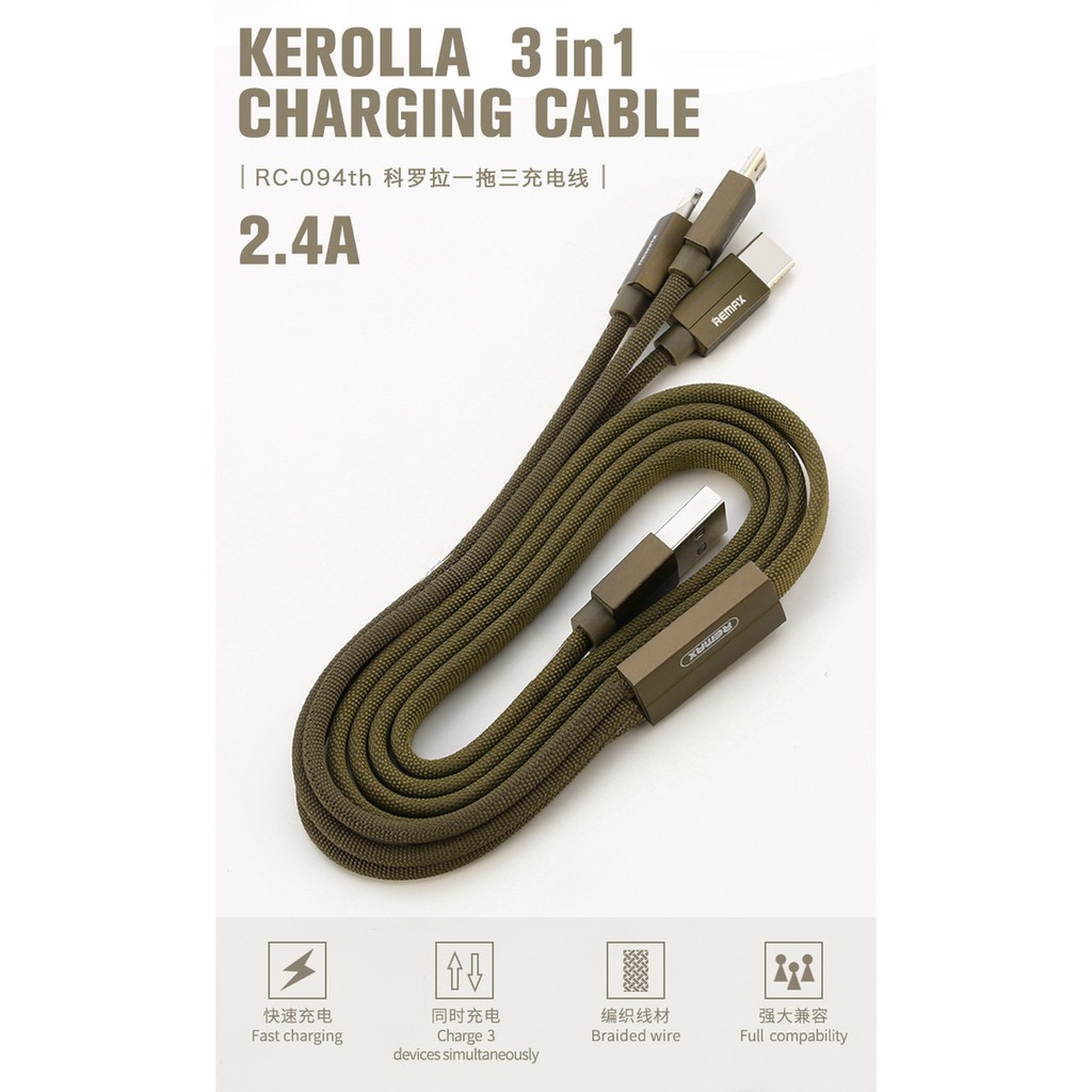 Remax Kerolla Cable 3 in 1 Micro USB + iPhone + Type C - 1M RC-094th