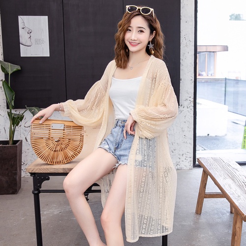 Cardigan Panjang Model Longgar Lengan Lentera Hollow Gaya Korea Bahan Lace Untuk Wanita-Aprikot