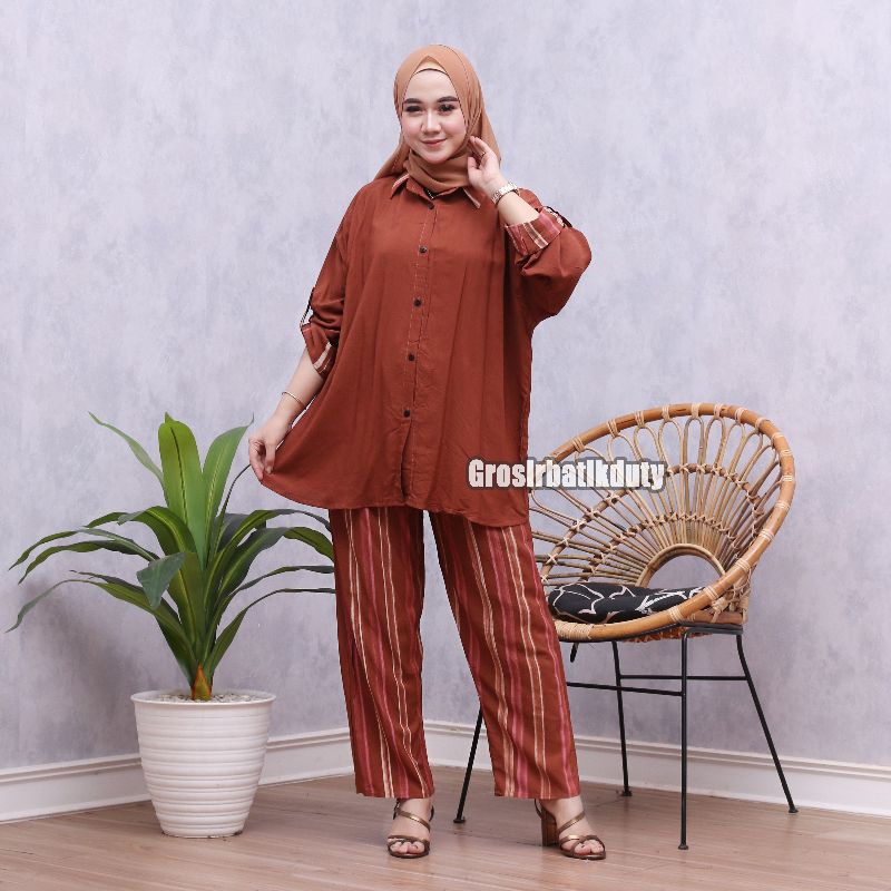 JUMBO SKODER SET CELANA DAN KEMEJA SHIBORI PAJAMAS TIE DYE TERBARU BAJU TIDUR PIYAMA KEKINIAN-Skoder lidi coklat