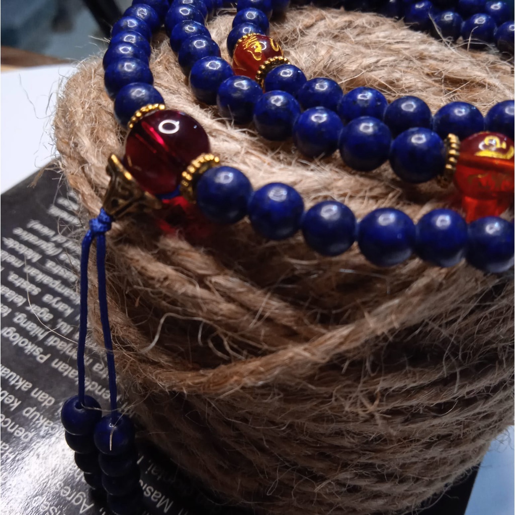 Kalung Tasbih Japamala 108 Batu Lapis Lazuli Kombinasi Batu Mantra Merah