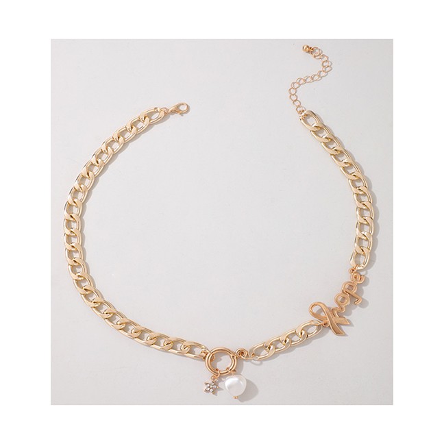 LRC Kalung Fashion Golden Alloy Alphabet Star Pearl Circle Necklace P06570