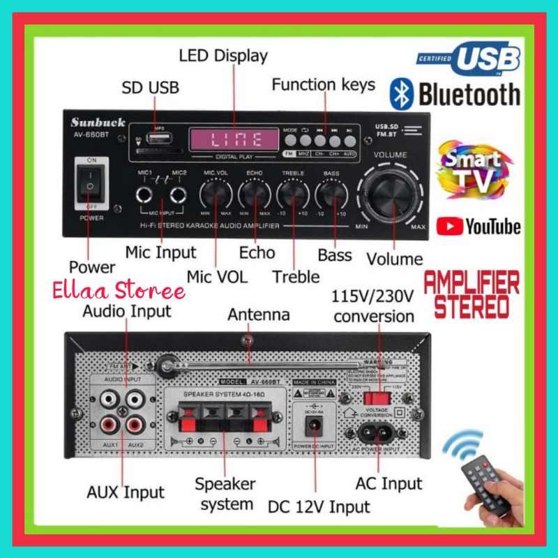 Amplifier Sunbuck Audio Bluetooth 5.0 2 Channel With Remot 2000 Watt