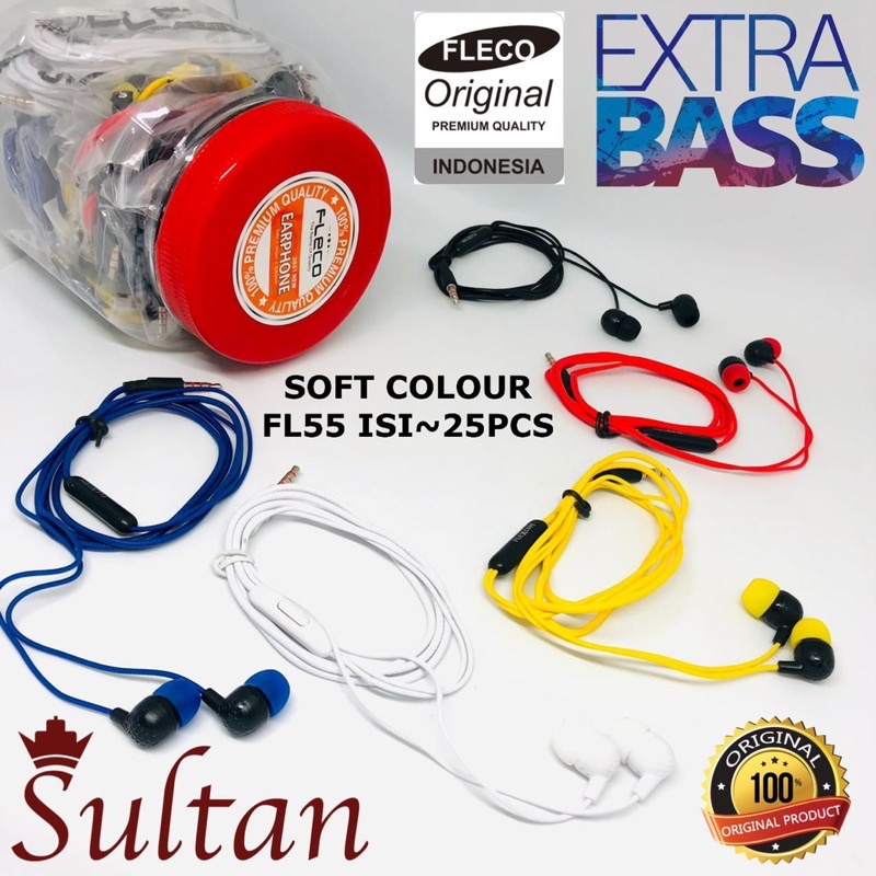 PERTOPLES ISI 25PCS HANDSFREE FLECO FL-55/PM03 EARPHONE EXTRA BASS PERTOPLES FL55 SOFT COLOUR PROMO SEN