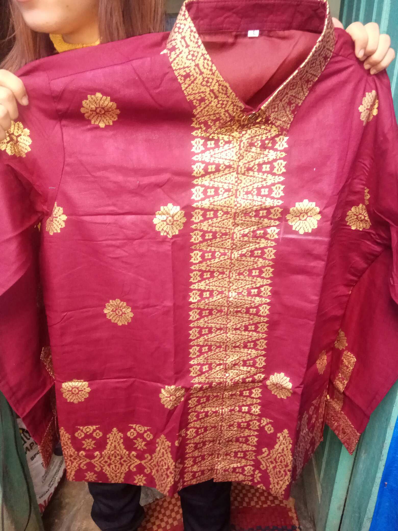 Couple Batik Songket Palembang Model Gamis Layer Brokat Terbaru Warna Maron