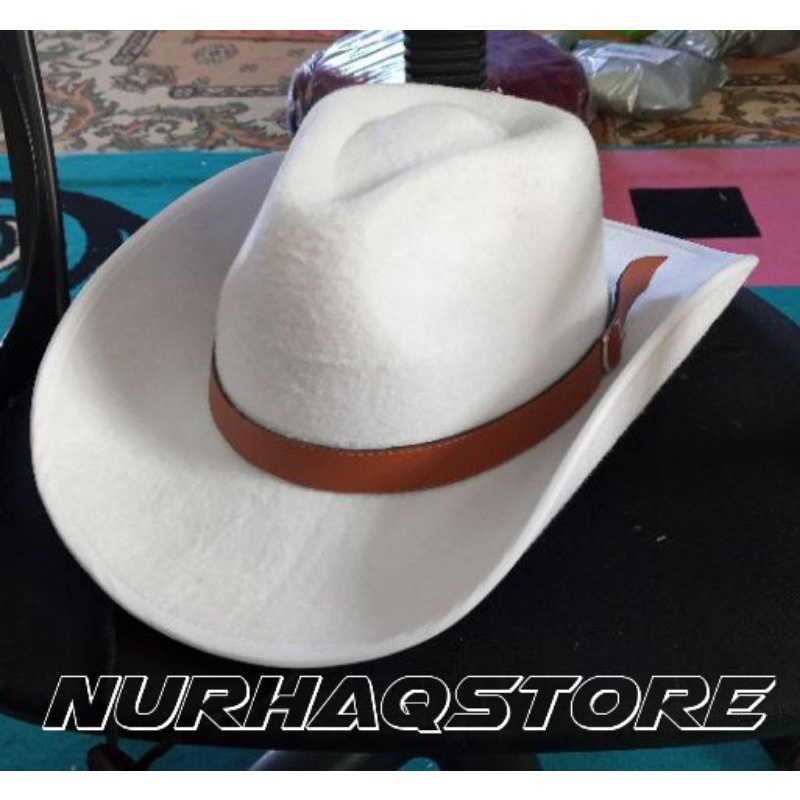 Topi Koboy Fedora tali Gesper Kulit High Class Topi Koboy Pria / Topi Koboy Laken
