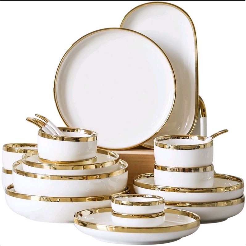 Jual Golden Piring Set Keramik Tebal Cocok Buat Hamper Piring Set White Gold Pink Gold Green 2882