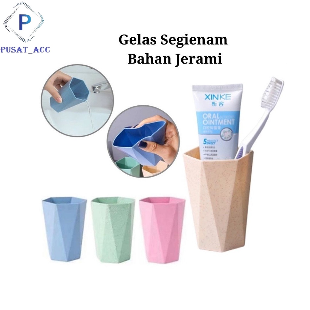 GJS6 - Tempat Sikat Gigi Jerami Gandum Cangkir Kumur Jerami Segienam