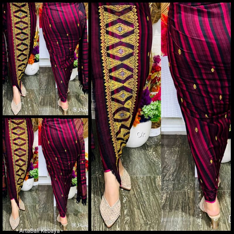 Kamen lembaran Endek tabur benang emas dan bagian depa kamen di bordir dengan benang emas + Selendan