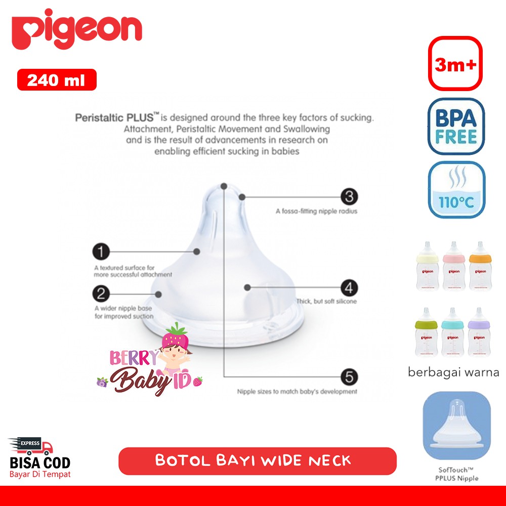 Pigeon Botol Susu Bayi Wide Neck Soft Touch Peristaltic Plus 240ml 3m+ Berry Mart