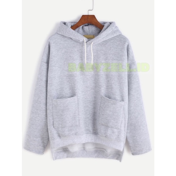 JAKET HOODIE PANJANG PENDEK DENGAN SAKU KOTAK DIDEPAN (lengan tidak pakai manset/rib)/SLIT SIDE HIGH