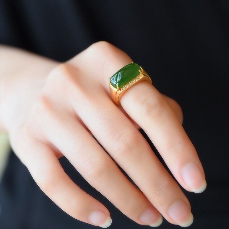 Cincin Batu Giok Warna Emas Model Terbuka Dapat Disesuaikan