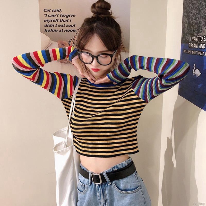  Crop  Top Lengan  Panjang  Bahan Rajut  Motif Garis untuk 