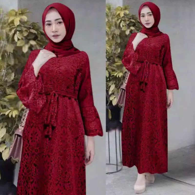 MAXI YASINA/GAMIS FULL BRUKAT/MAXI DRESS BRUKAT/GAMIS PESTA-Maroon.