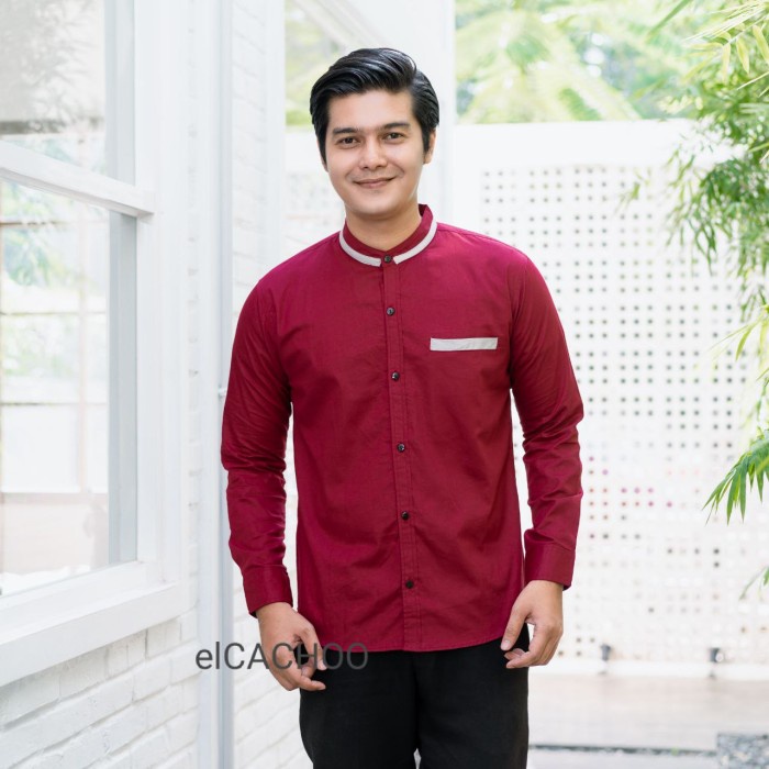 Baju Koko Pria Lengan Panjang Kemeja Koko Pria Terbaru Maroon