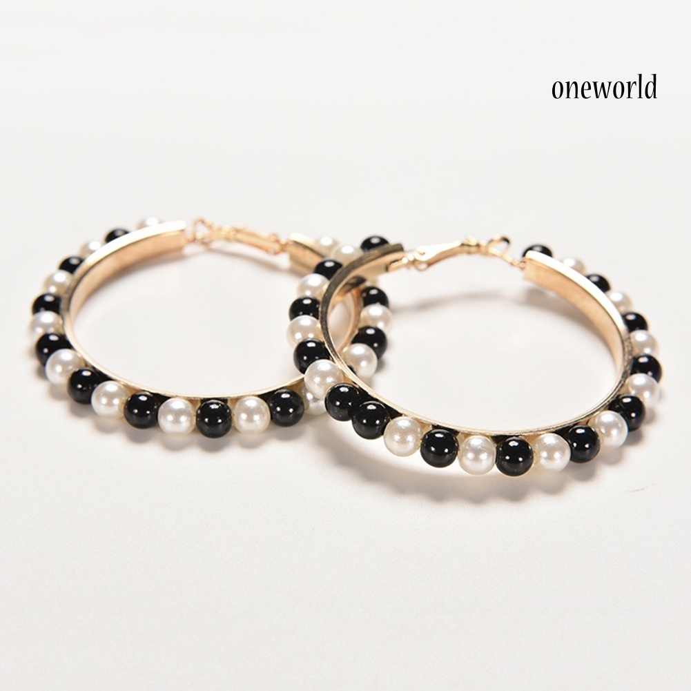 OW@ Fashion Women Faux Pearl Inlaid Large Circle Statement Hoop Earrings Jewelry