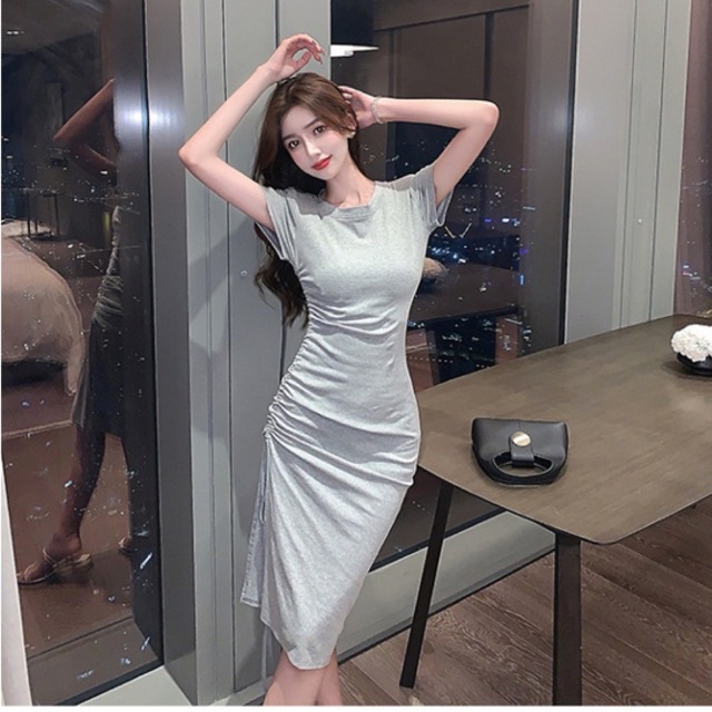 Korean Midi Dress Short Sleeves Women Dress Midi Lengan Pendek 1397 (S/M/L)