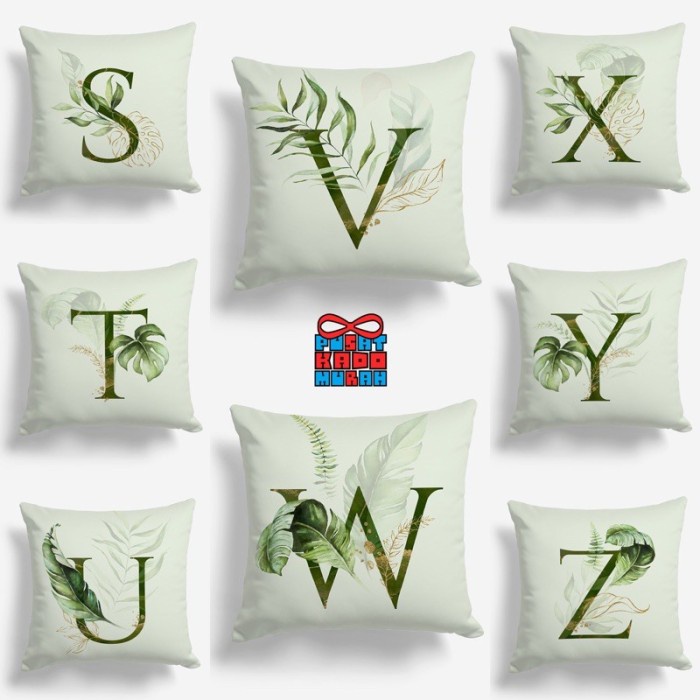 Bantal Sofa Print Motif Alphabet Huruf A-Z Motif Daun Leaves 40x40 cm - PUSAT KADO MURAH