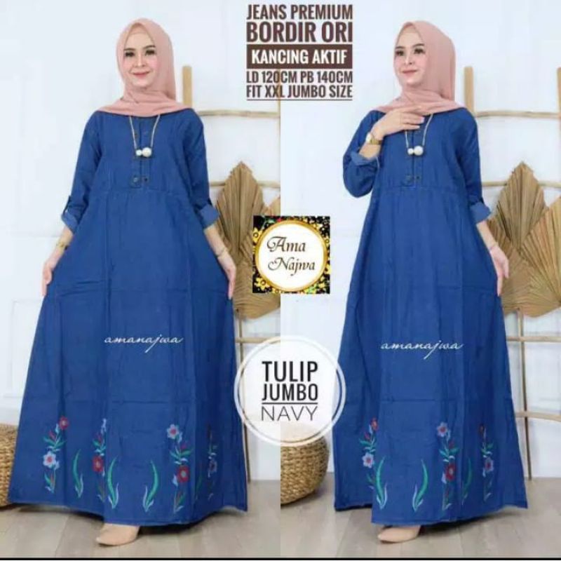 baju gamis jeans denim jumbo wanita bordir bunga terbaru