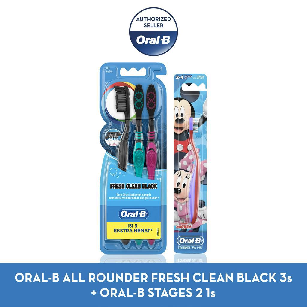 Oral B Paket Adult x Kids : All Rounder Fresh Clean Black 3s + Stages 2