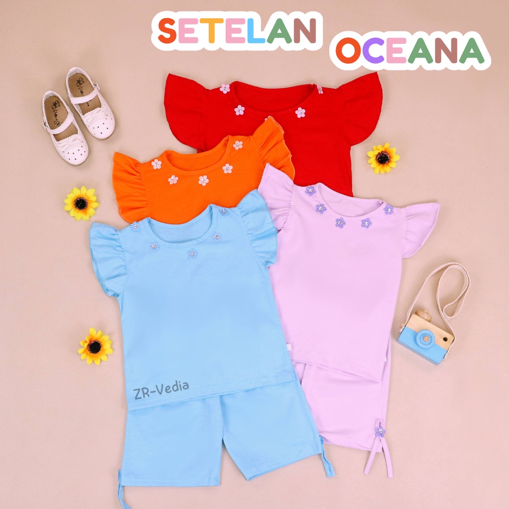 Setelan Oceana Bayi-4 Tahun / IMPORT Baju Lengan Celana Pendek Pakaian Baby Adem  Anak Perempuan