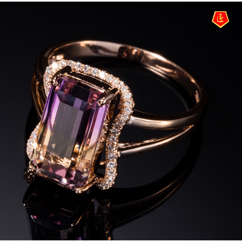 [Ready Stock]Ametrine Tourmaline Colored Gems Women's Ring 18K Rose Gold Elegant Fashion