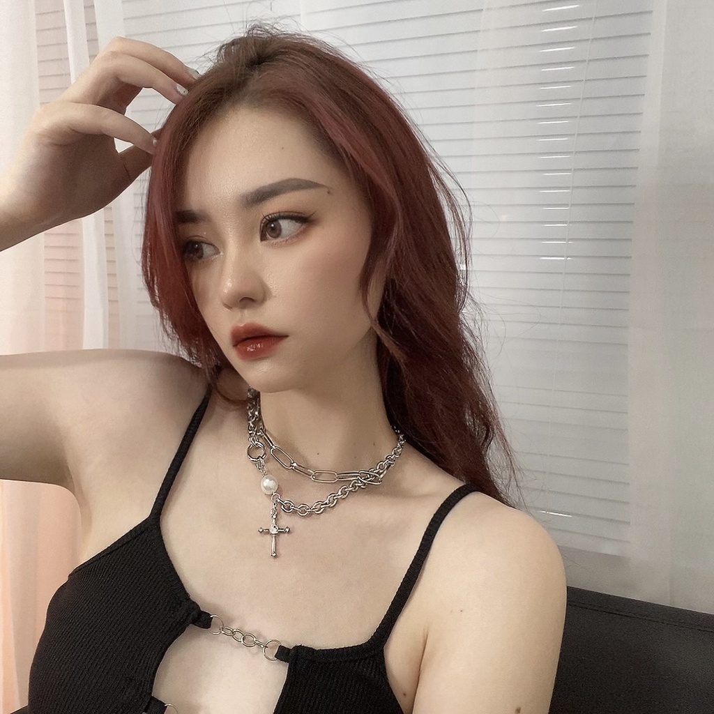 Kalung Rantai Tulang Selangka Model Lapis Ganda Aksen Mutiara Gaya Punk Untuk Aksesoris