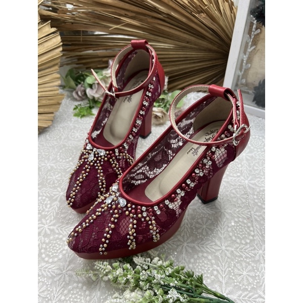 sepatu wedding shoes naira merah marron tali tinggi 10cm