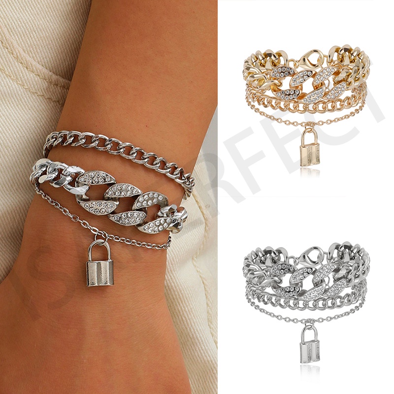 Gaya Eropa dan Amerika Fashion Alloy 3 * Pcs Kunci Liontin Gelang untuk Wanita dengan Berlian bertatahkan Temperamen Gelang Perhiasan