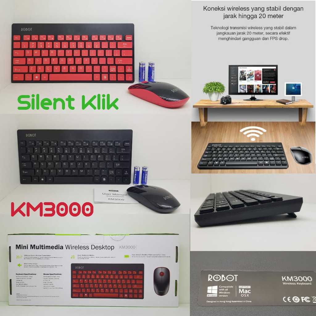 ROBOT KM3000 Portable Mini Mute WIreless Keyboard and Mouse Combo 2.4GHz 20m Wireless Connection