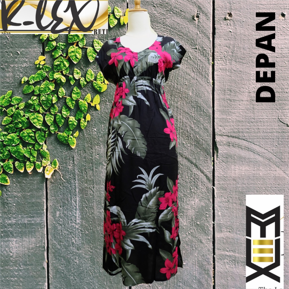DASTER DRESS MANOHARA BALI PANJANG WANITA BAHAN RAYON  HITAM BUNGA MERAH PREMIUM R- LEX