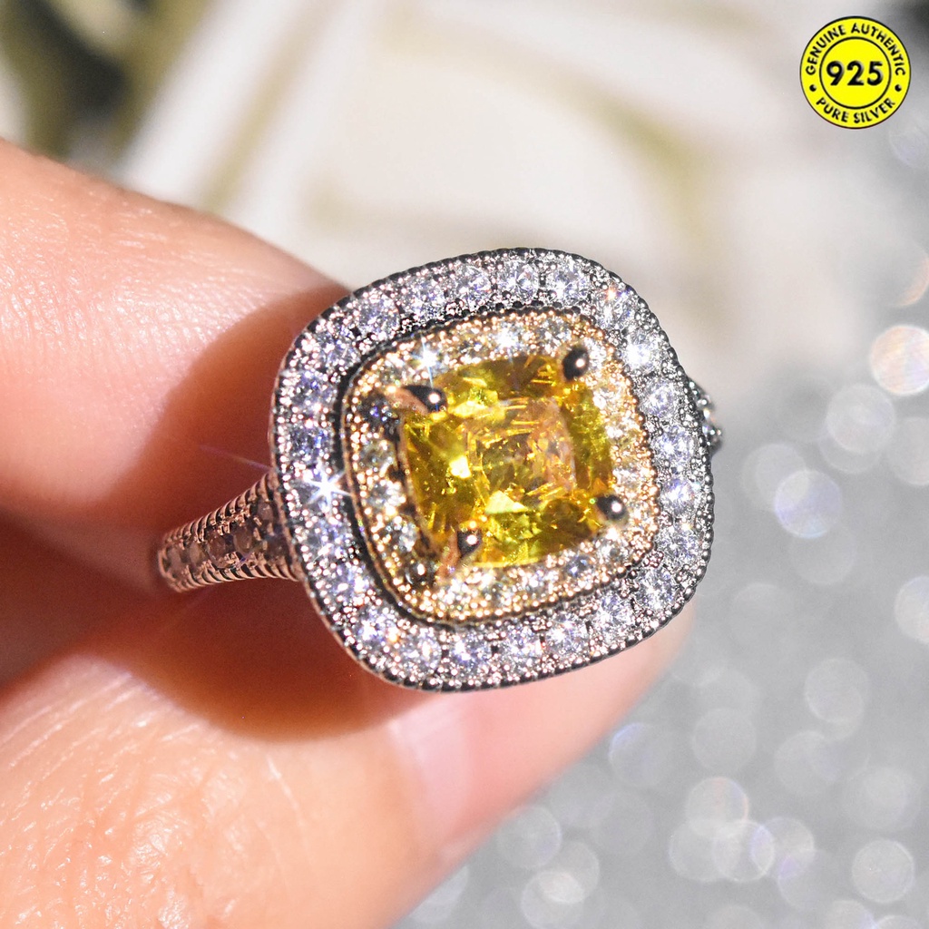 Cincin Berlian Kuning Bentuk Kotak Bahan S925 Silver