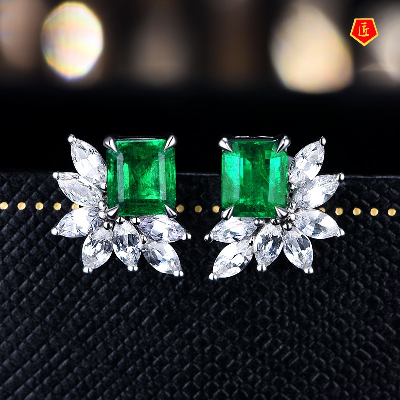 Anting Tusuk Bentuk Kotak Hias Batu Emerald Mewah Untuk Wanita