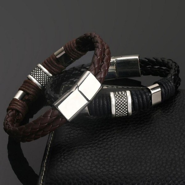 Gelang Bahan Kulit Alloy Warna Hitam Coklat Ukuran 21cm Untuk Pria