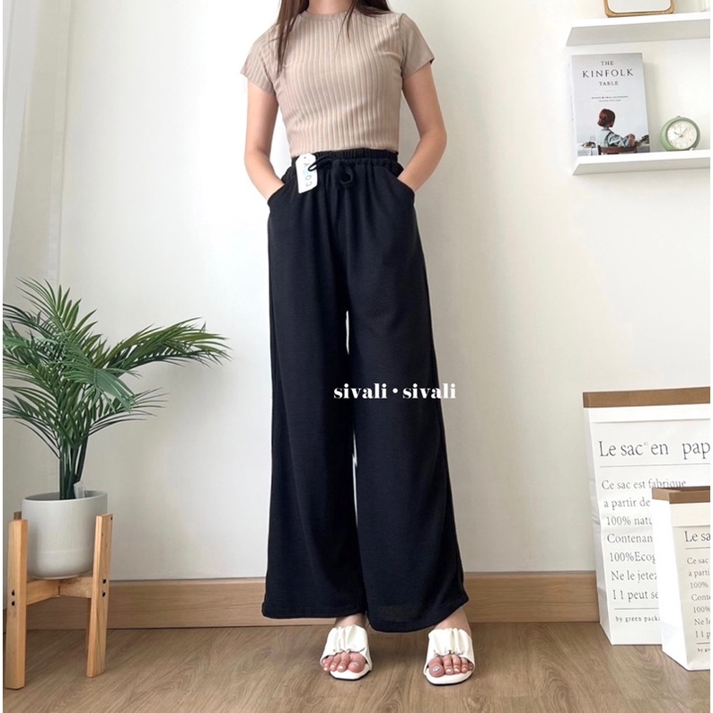 SIVALI Feya Pants - Celana Kulot Waffle Pinggang Karet Wide Leg Cullote 0279