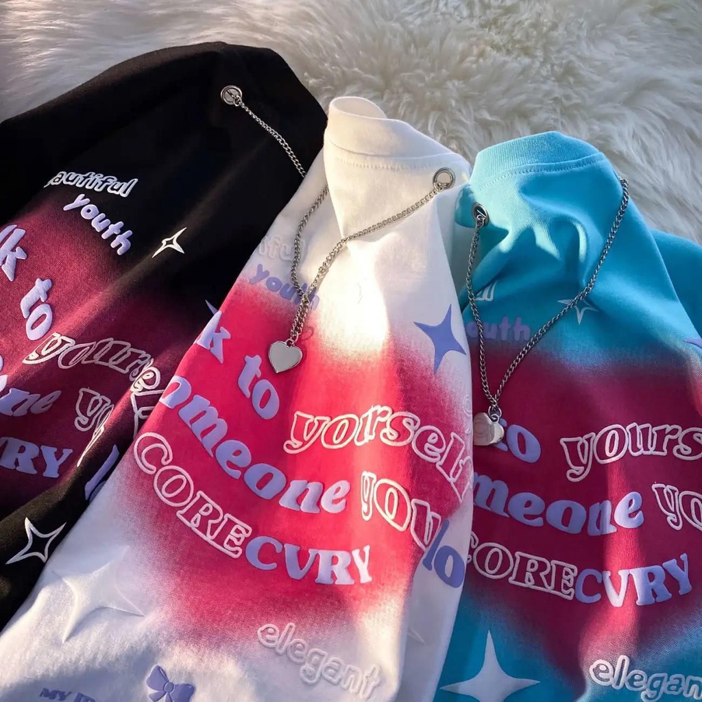 [littlecrab] Kaos Oversize Love Chain Talk To Yourself Like Someone You Love T-shirt Couple Unik With Additional Chain Kaos Timbul Berkualitas Aesthetic Tshirt Elegant Bloom Love Beautiful Street Style Korean Style