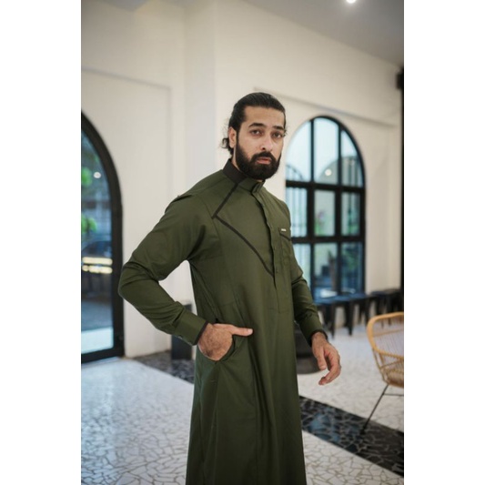 Shahama SH-066 Baju Jubah Gamis Pria Dewasa Modern Baju Lengan Panjang Slimfit Thobe Hijau Army