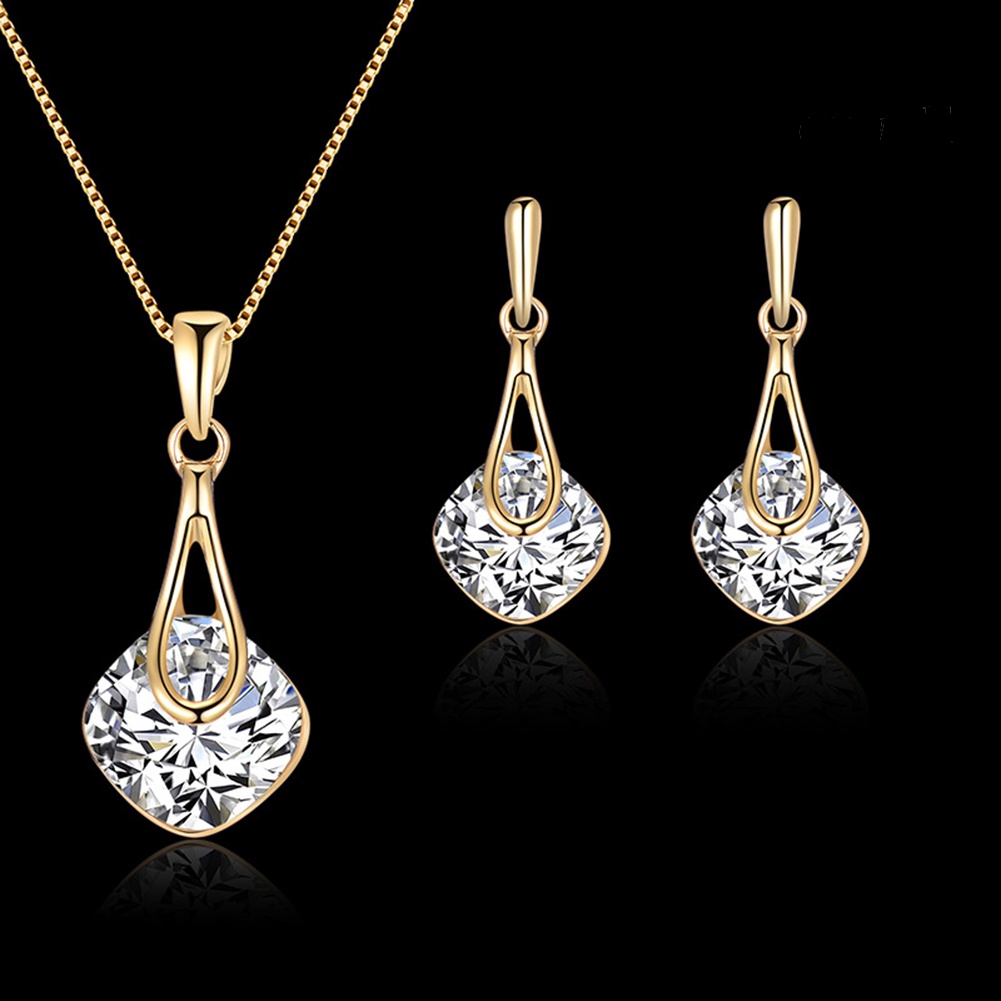 OW@ Water Drop Pendant Square Rhinestone Ear Stud Earrings Necklace Lady Jewelry Set