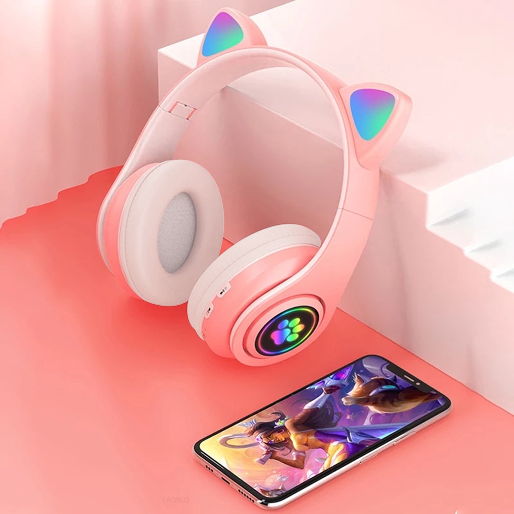 Headset B39 STN28 LED Headphone Kucing Viral Karakter RGB LED Color Gaming Bluetooth Wireless Game Headset anak Perempuan