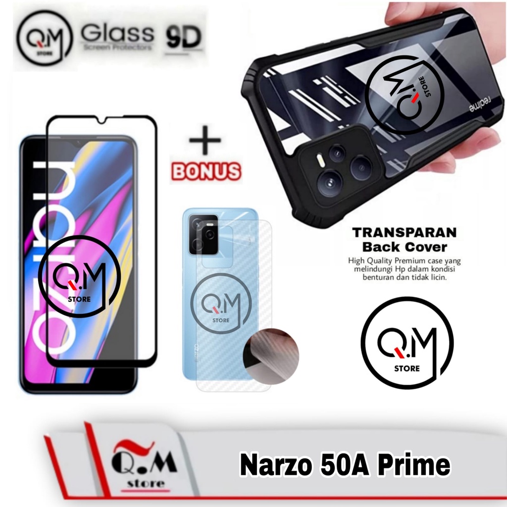 PAKET 3 IN1 Case Transparan Realme C35 / Realme C31 / Realme Narzo 50A Prime New Softcase Clear Slim Armor Bonus Tempered Glass Layar + Skin Carbon Garskin