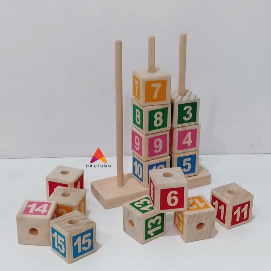 Balok susun natural angka kayu pinus Mainan edukasi anak