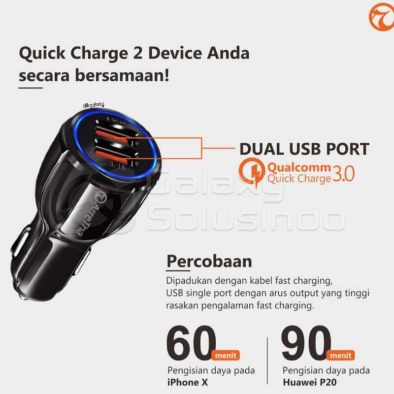 ARRETHA 3.0A Qualcomm Turbo Car Charger Dual USB Output