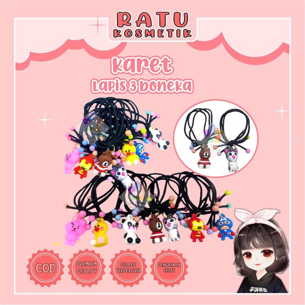 ❤ RATU ❤ Ikat Rambut Anak | Karet Mix | Kunciran Warna Warni Murah isi 50 pcs 4 Pompom Karakter