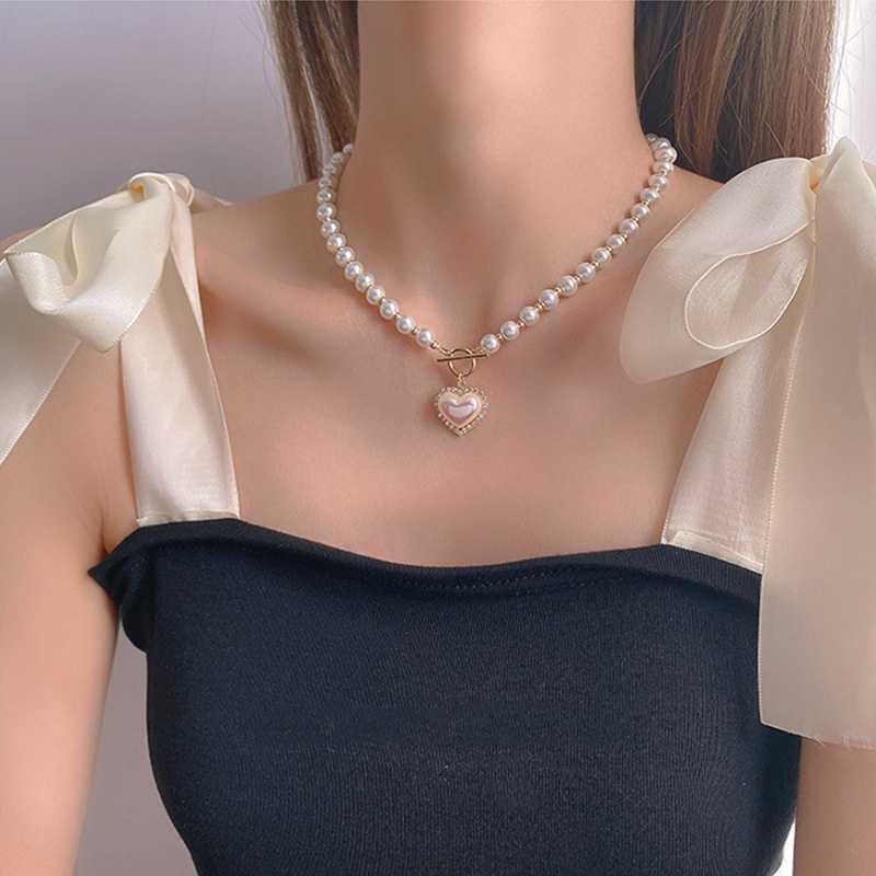 Retro Pearl Crystal Necklace Choker Fashion Love Heart Pendant Necklaces Women Jewelry Accessories