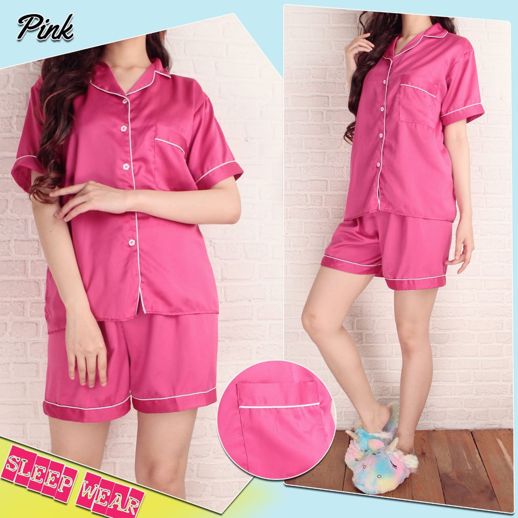 HipNop SATIN PP EMBOS JUMBO BAJU TIDUR WANITA CELANA PENDEK  PIYAMA CEWE CEWEK SLEEPWEAR MAROON-PINK